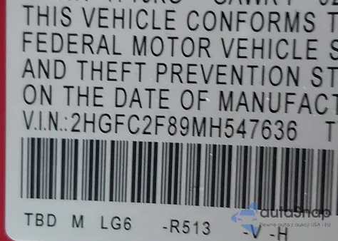 2021 Honda Civic Sport из США, поврежденный, VIN 2HGFC2F89MH547636